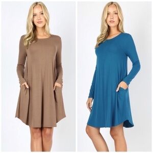 Plus Size Mocha Round Hem Long Sleeve Dress